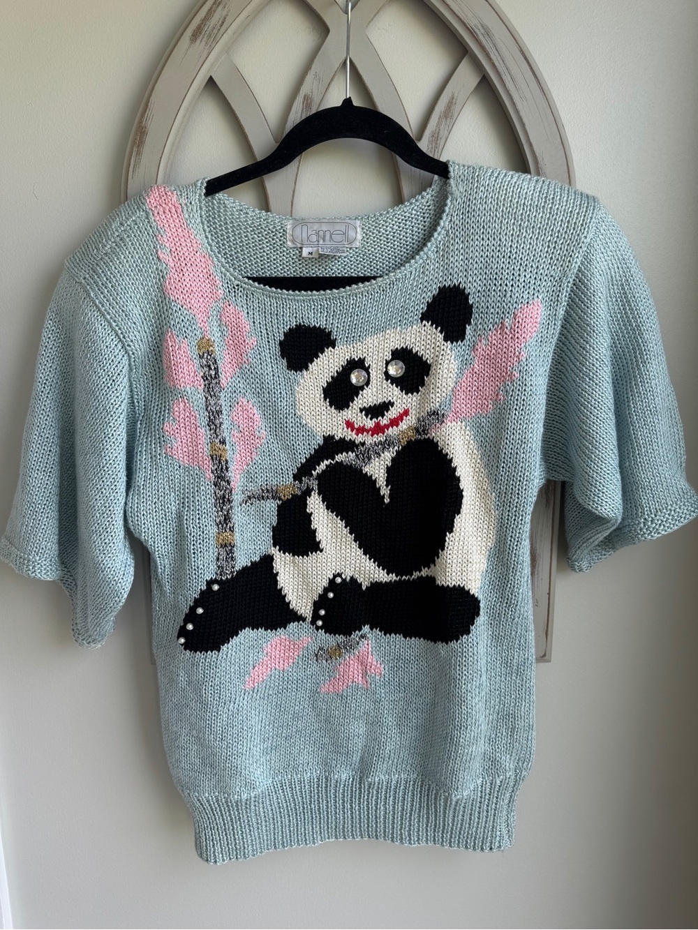 Nannell Vintage 80s novelty 3D Hand Knit Panda Short Sleeve Sweater - Medium